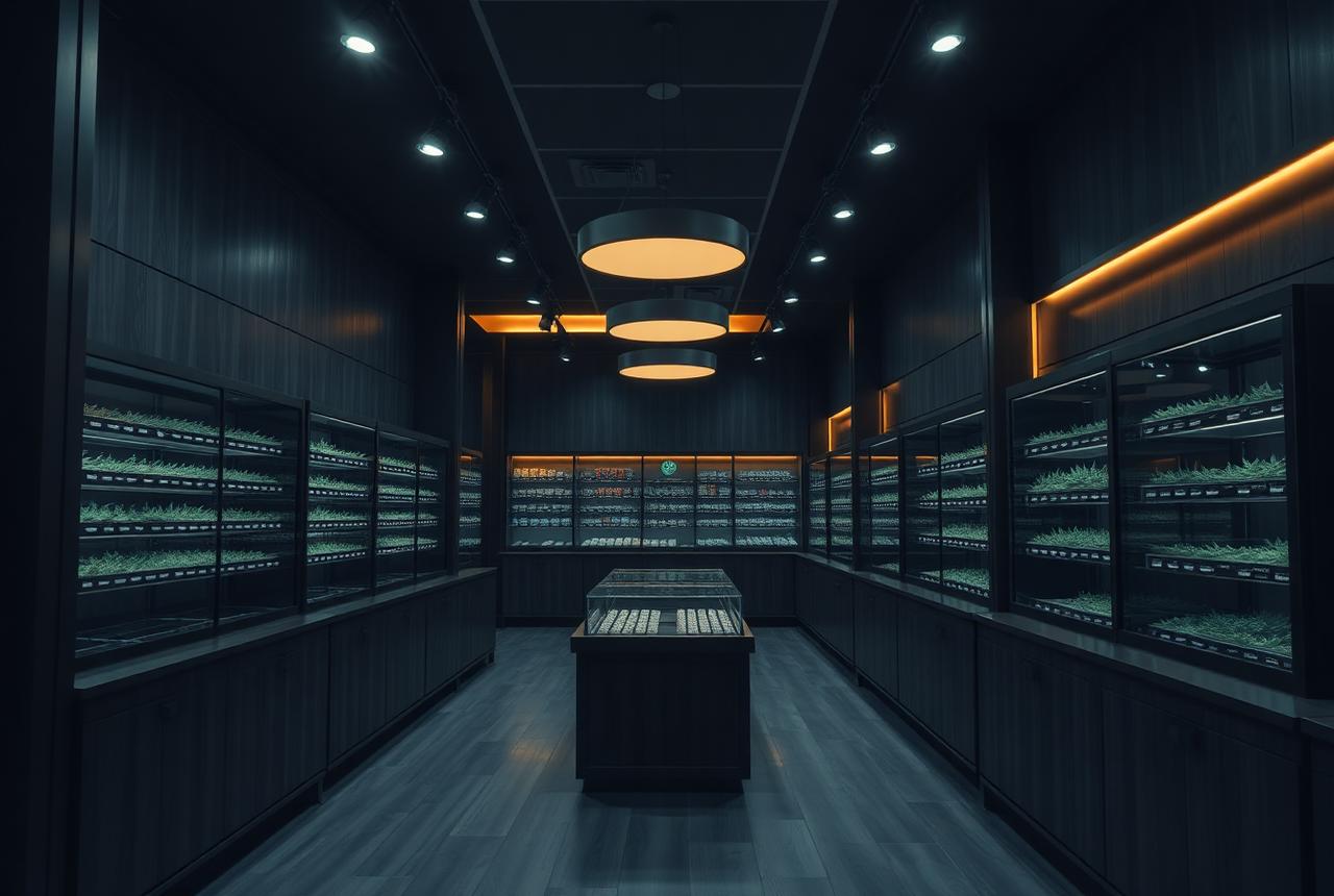 Modern licensed cannabis retail interior with product display cases